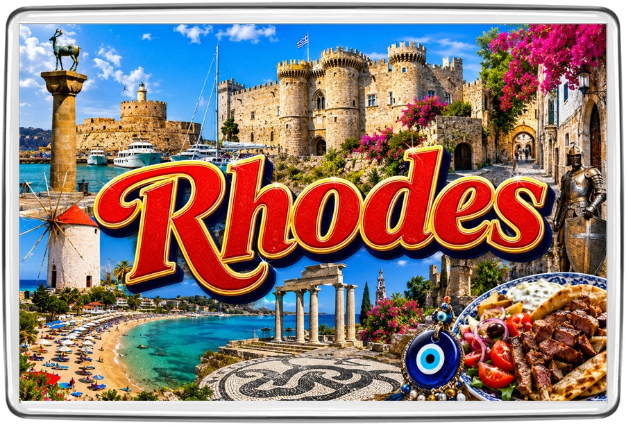 Rhodes Greece collage magnet with red Rhodes lettering, medieval old town, Greek food and blue evil eye charm