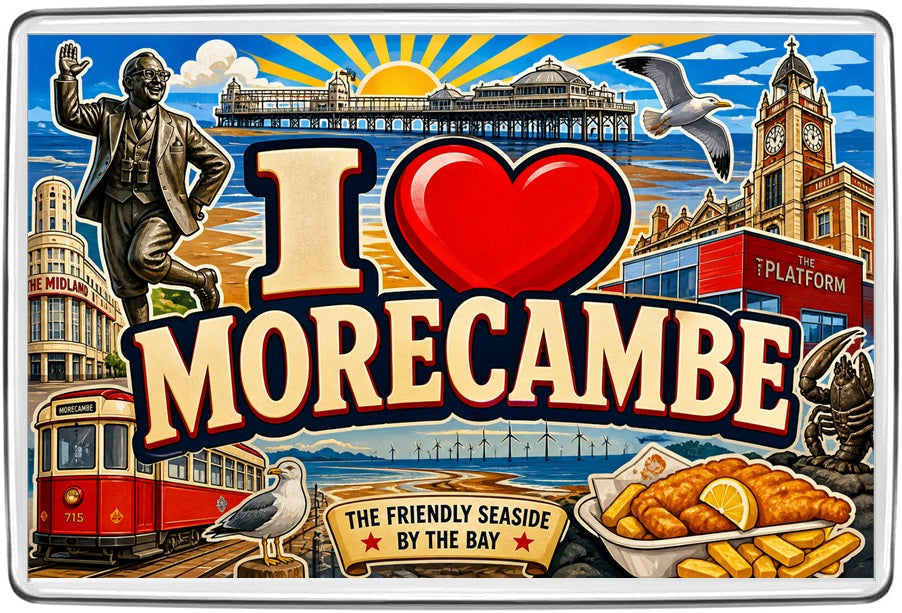I Love Morecambe illustrated fridge magnet with Eric Morecambe statue, seaside and pier