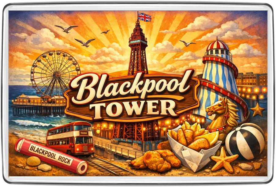 Vintage Blackpool Tower souvenir illustration with ferris wheel, helter skelter, fish and chips and rock