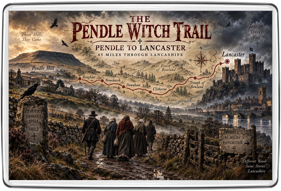 Pendle Witch Trail historical map-inspired image Pendle Hill and Lancaster Castle 1612