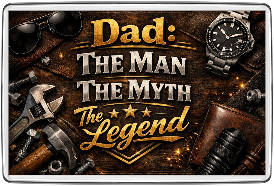 Dad The Man The Myth The Legend black gold vintage tools and watch slogan fridge magnet
