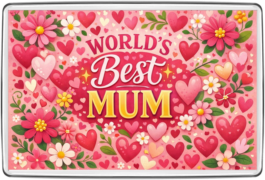 World's Best Mum pink floral wreath flowers and hearts fridge magnet