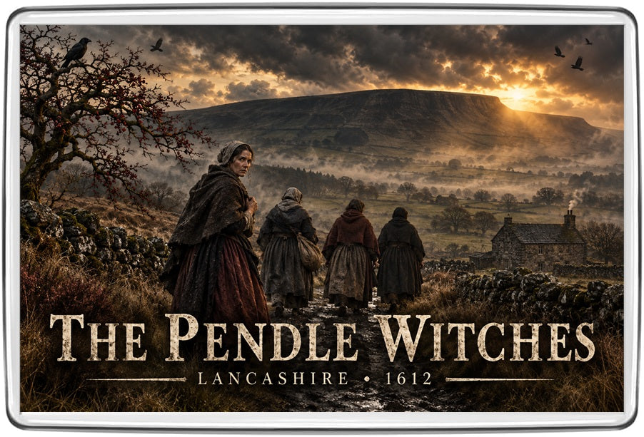 The Pendle Witches Lancashire 1612 dark illustrated Pendle Hill scene with four figures