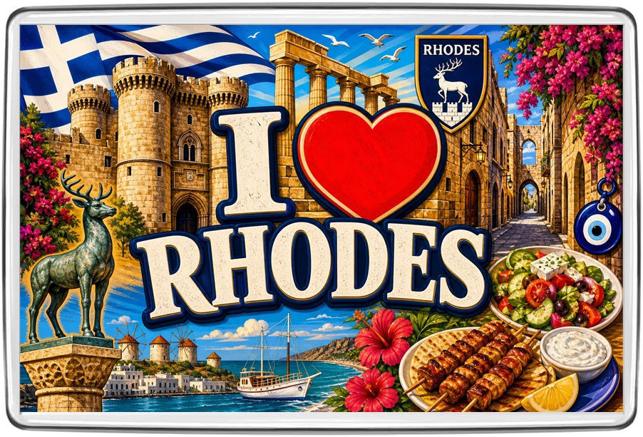 I Love Rhodes illustrated fridge magnet original artwork