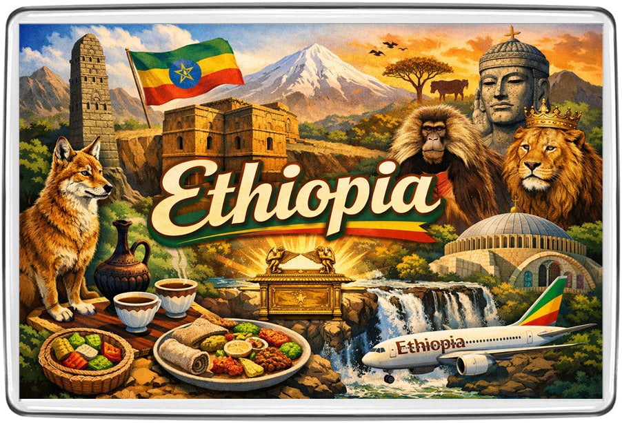 Ethiopia vintage lettering collage fridge magnet, illustrated travel souvenir