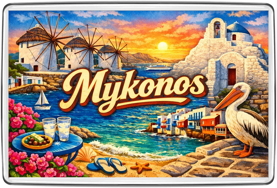 Mykonos vintage lettering collage fridge magnet - illustrated travel souvenir