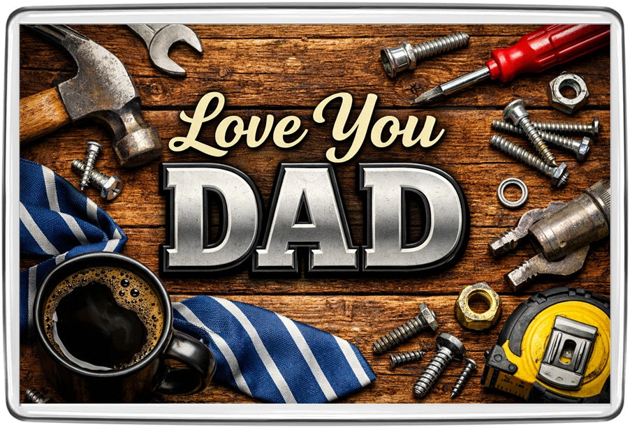 Love You Dad silver lettering, tools, coffee, striped tie on wooden workbench