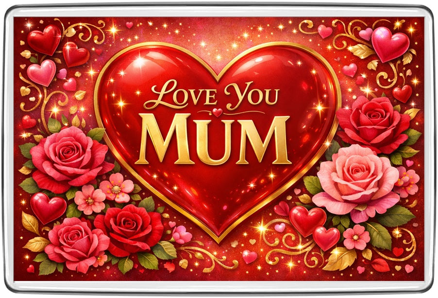 Love You Mum gold lettering in red heart framed with pink roses and sparkles