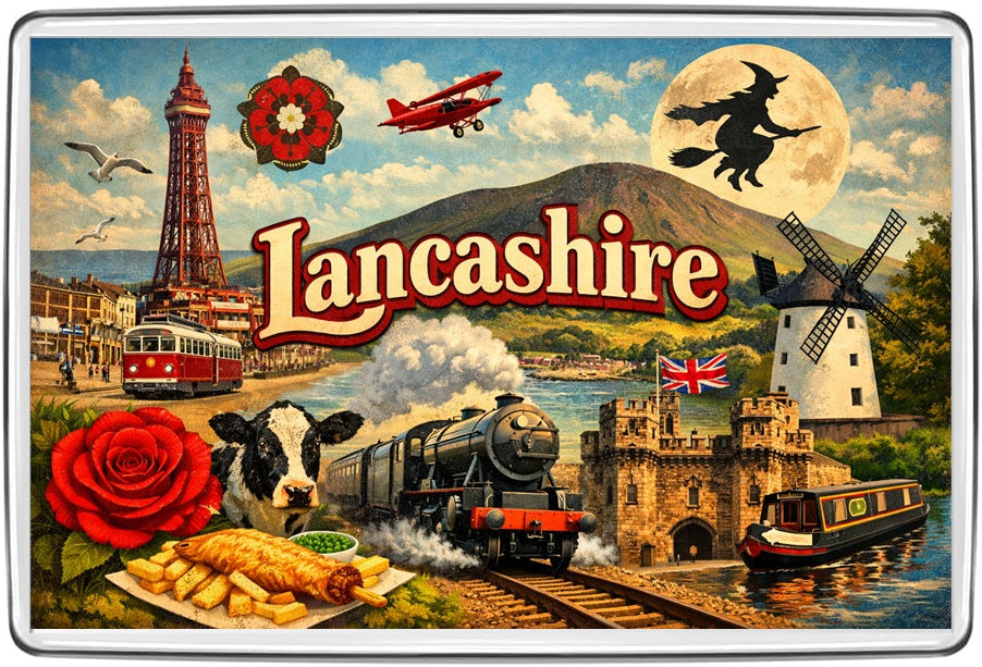Lancashire vintage lettering collage fridge magnet original artwork