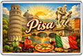 Pisa Italy vintage lettering collage magnet with Leaning Tower, cathedral, scooters and pizza