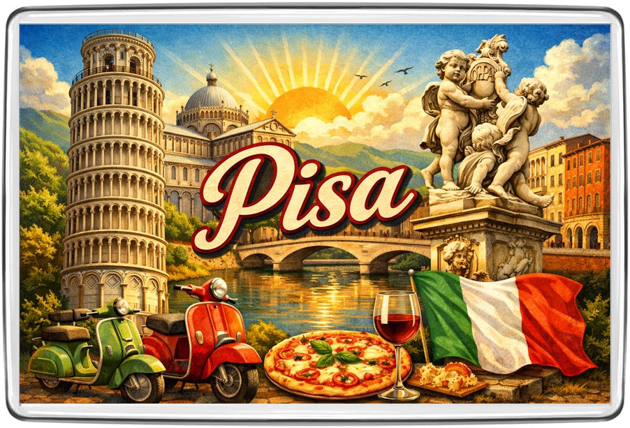 Pisa Italy vintage lettering collage magnet with Leaning Tower, cathedral, scooters and pizza