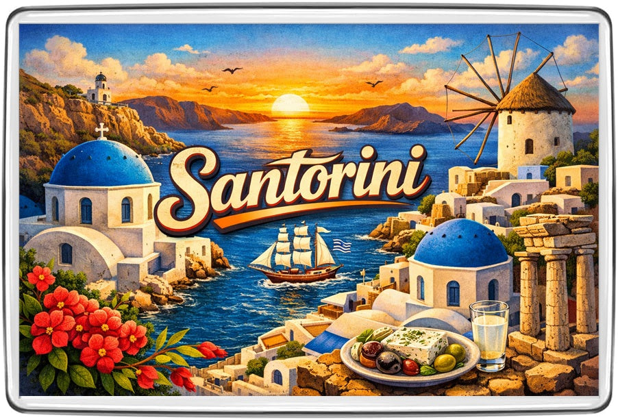 Santorini vintage lettering collage fridge magnet original artwork