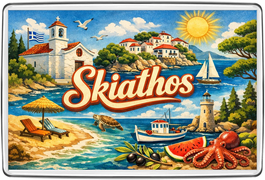 Skiathos vintage lettering collage fridge magnet original artwork