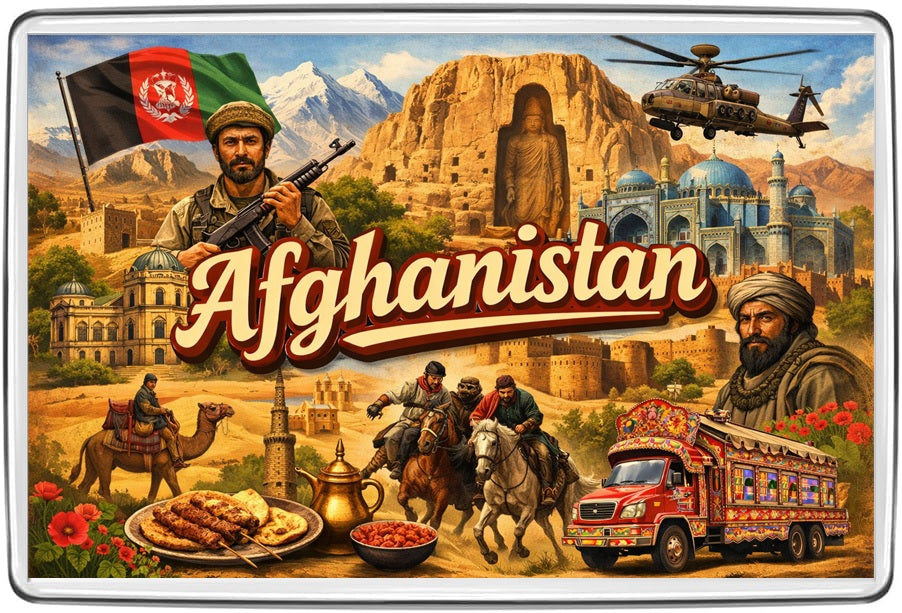 Afghanistan vintage lettering collage landscape souvenir fridge magnet