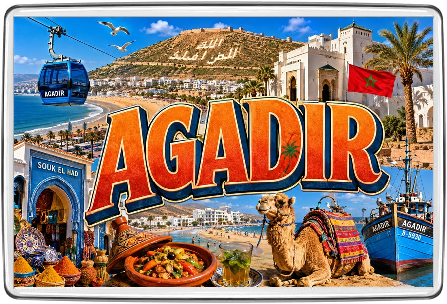Agadir Morocco Vintage Lettering Collage Fridge Magnet | Beach, Souk & Cable Car