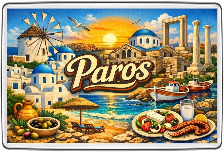 Paros Greek island vintage lettering magnet with windmill, blue-domed churches, fishing boats and food