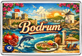 Bodrum Turkey illustrated vintage souvenir magnet featuring castle, windmill, dolphin, sailboat and sea