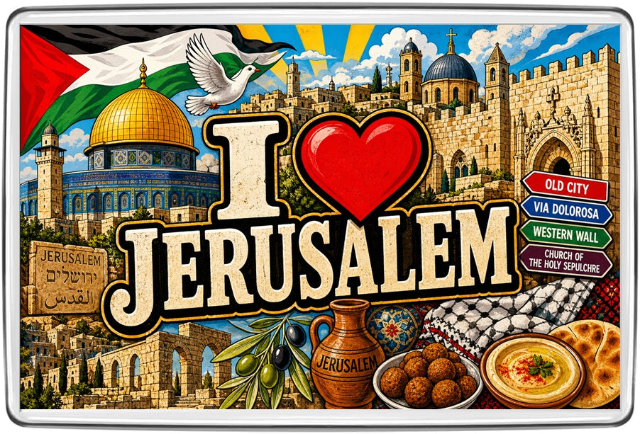I Love Jerusalem fridge magnet with Dome of the Rock, Old City walls, dove, olives and food