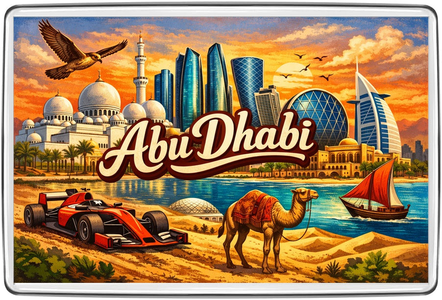 Abu Dhabi UAE vintage lettering magnet with Grand Mosque, skyline, falcon, dhow, camel and racing car
