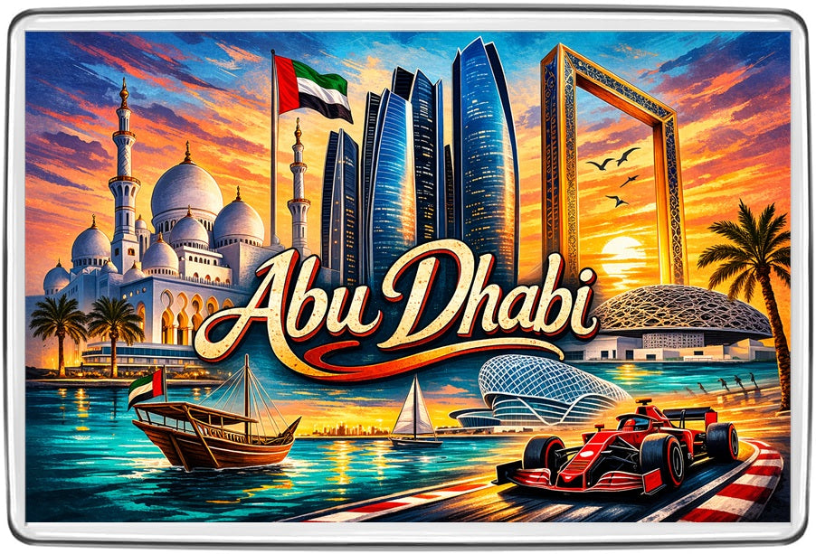 Abu Dhabi UAE vintage lettering fridge magnet with Grand Mosque, skyscrapers, art dome, dhow and Formula-style racer