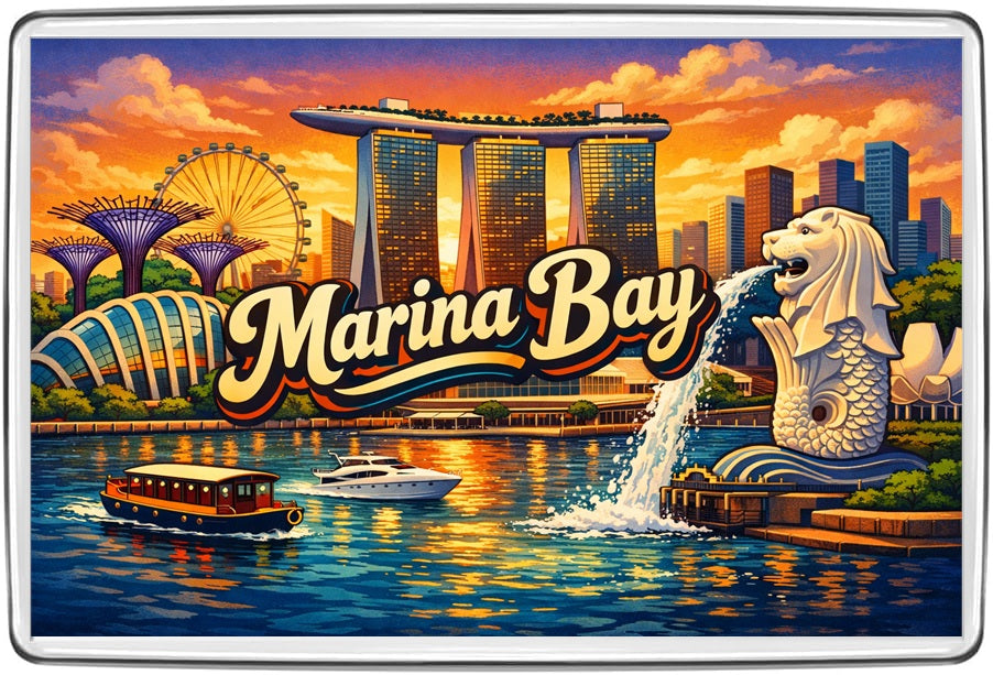 Marina Bay Singapore fridge magnet with Marina Bay Sands, Merlion, Supertrees and Singapore Flyer