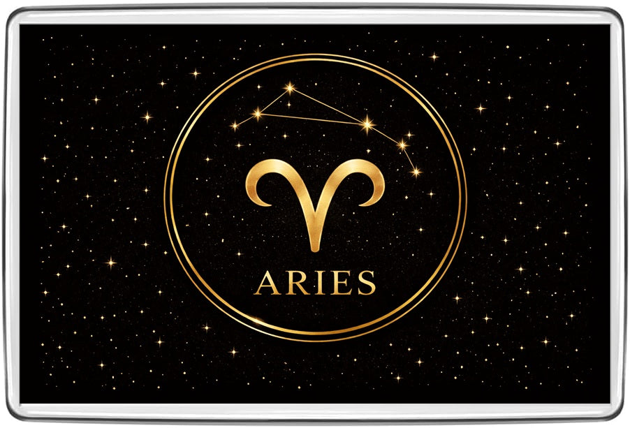 Aries zodiac sign black and gold constellation fridge magnet in clear acrylic holder