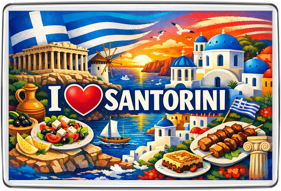 I Love Santorini travel souvenir fridge magnet with colourful local illustration