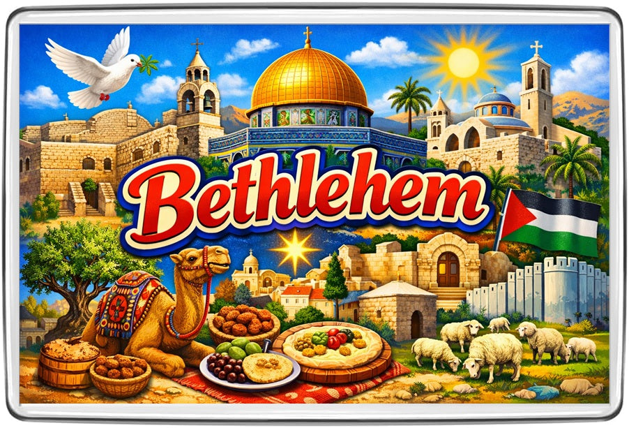 Bethlehem illustrated vintage lettering fridge magnet, landscape 70 x 45 mm