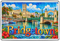 Bridgetown Barbados mosaic fridge magnet with Caribbean waterfront, clocktower, boat and tropical flowers