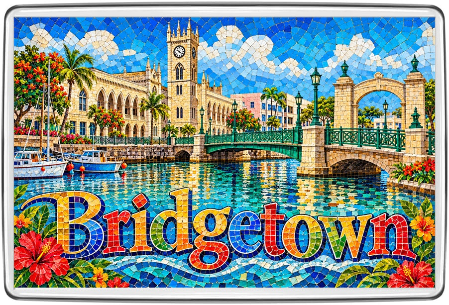 Bridgetown Barbados mosaic fridge magnet with Caribbean waterfront, clocktower, boat and tropical flowers
