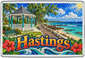 Hastings Barbados mosaic magnet with seaside boardwalk, pavilion, turquoise sea and tropical flowers