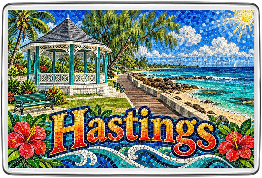 Hastings Barbados mosaic magnet with seaside boardwalk, pavilion, turquoise sea and tropical flowers