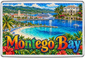 Montego Bay Jamaica mosaic fridge magnet with turquoise beach, cruise liner, tropical flowers and harbourfront