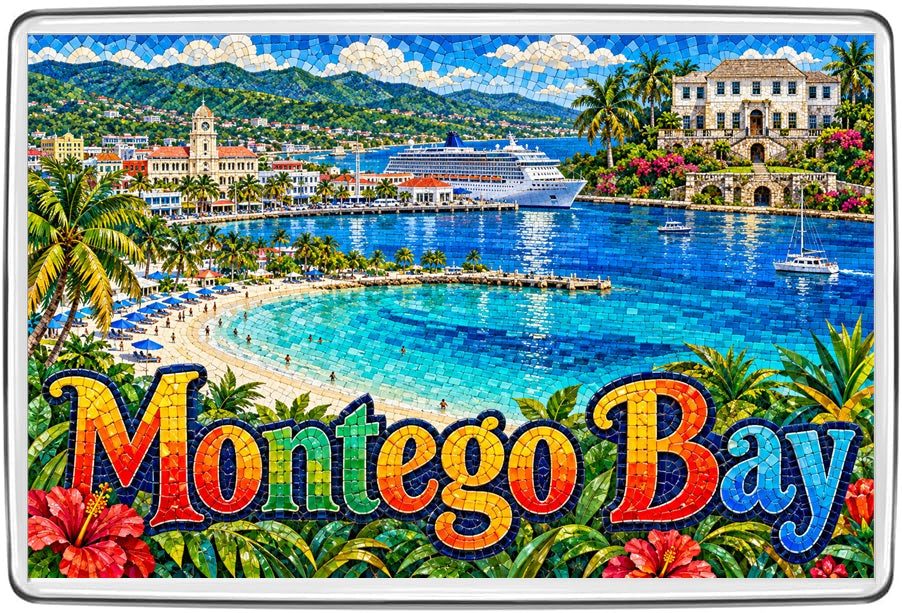 Montego Bay Jamaica mosaic fridge magnet with turquoise beach, cruise liner, tropical flowers and harbourfront
