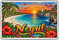 Negril Jamaica mosaic souvenir fridge magnet with glowing sunset, cliffs, beach and lighthouse