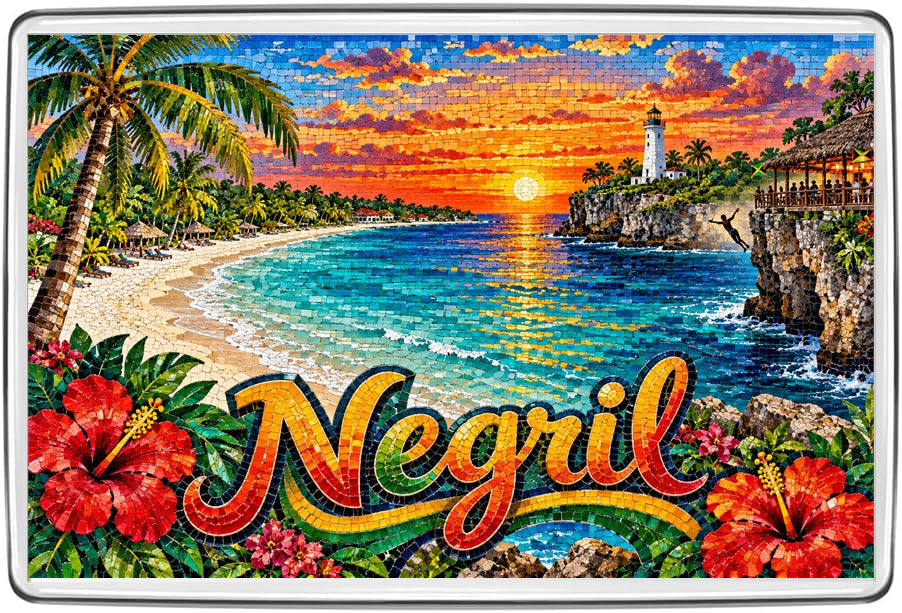 Negril Jamaica mosaic souvenir fridge magnet with glowing sunset, cliffs, beach and lighthouse