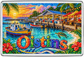 Oistins Barbados colourful mosaic fridge magnet with fishing boats, waterside market and sunset