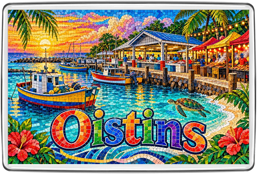 Oistins Barbados colourful mosaic fridge magnet with fishing boats, waterside market and sunset