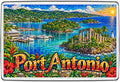 Port Antonio Jamaica mosaic fridge magnet depicting green island harbour, marina sailboats and turquoise water