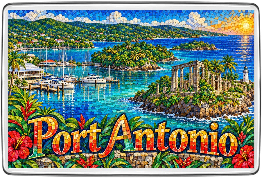 Port Antonio Jamaica mosaic fridge magnet depicting green island harbour, marina sailboats and turquoise water