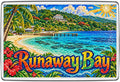 Runaway Bay Jamaica mosaic magnet with bright tropical cove, jetty and lush green hillside