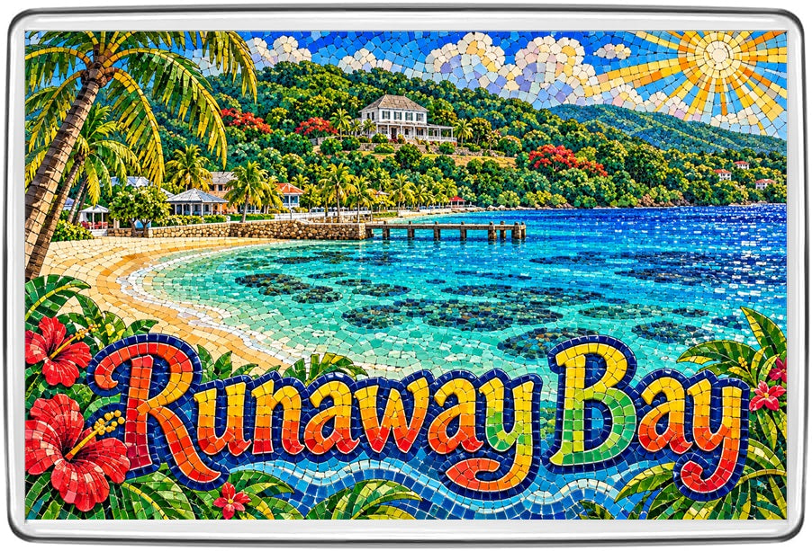 Runaway Bay Jamaica mosaic magnet with bright tropical cove, jetty and lush green hillside