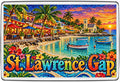 St. Lawrence Gap Barbados mosaic souvenir fridge magnet with palm-lined waterfront, café lights and sunset