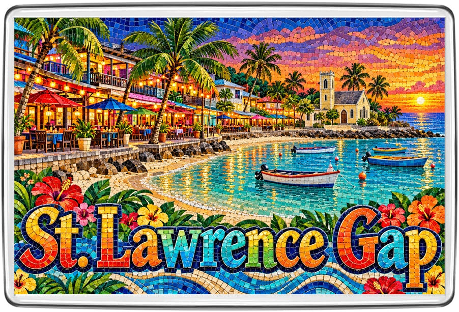 St. Lawrence Gap Barbados mosaic souvenir fridge magnet with palm-lined waterfront, café lights and sunset