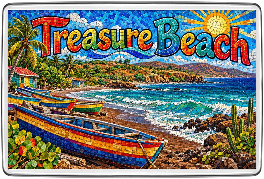 Treasure Beach Jamaica mosaic magnet with brightly painted fishing boats, quiet shore and palm trees