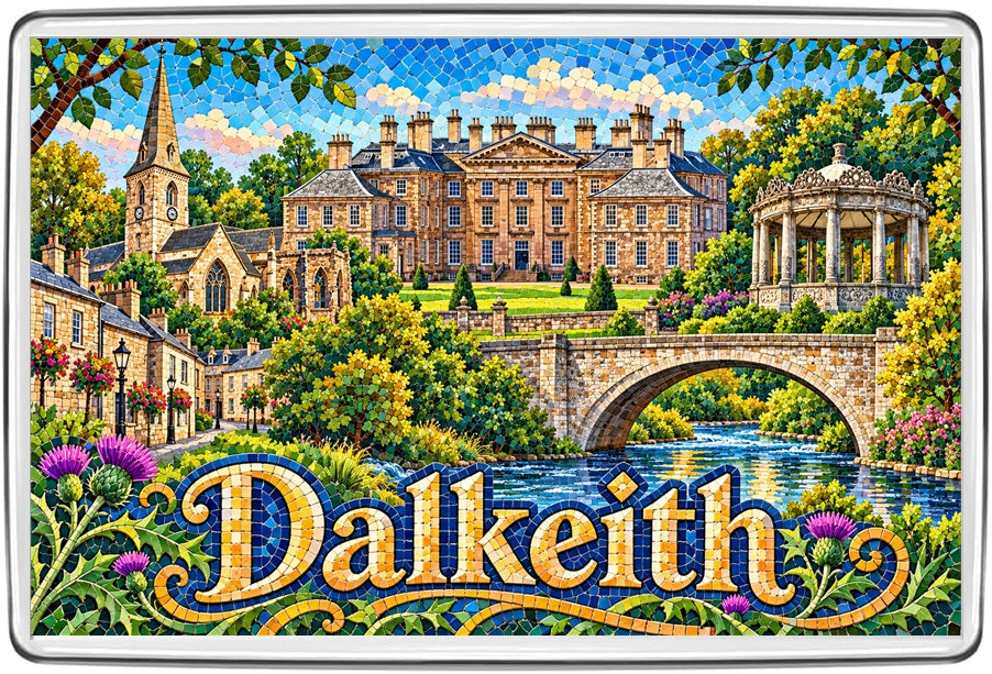Dalkeith Midlothian mosaic fridge magnet featuring stately building, church, stone bridge and garden pavilion