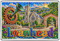 Loanhead Midlothian mosaic fridge magnet showing stone church, gear-wheel sculpture and town arch