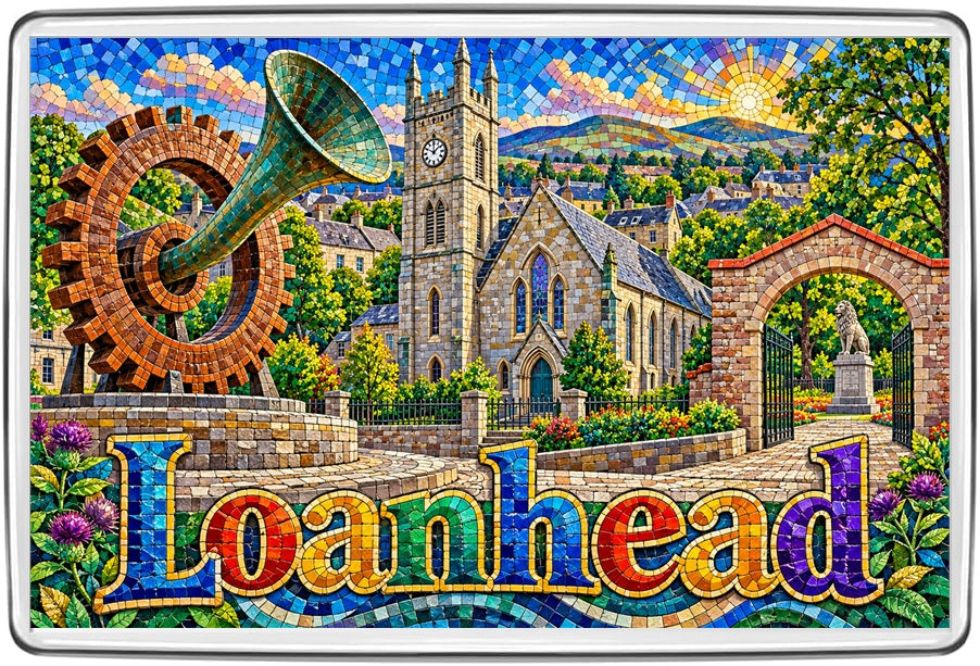 Loanhead Midlothian mosaic fridge magnet showing stone church, gear-wheel sculpture and town arch