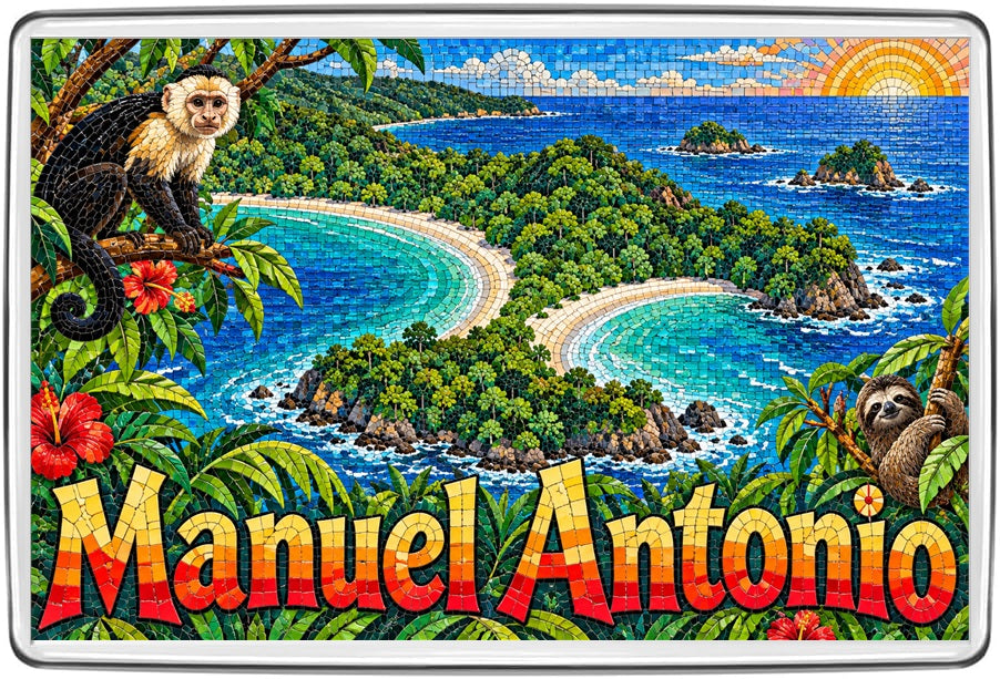 Manuel Antonio Costa Rica mosaic fridge magnet showing rainforest beaches, capuchin monkey and sloth