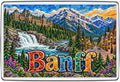 Banff mosaic fridge magnet featuring Banff Springs Hotel, Bow Falls and Rocky Mountains
